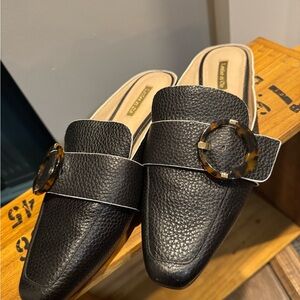 Louise et Cie Black Leather Mules with Tortoise Detail